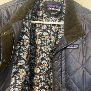 Patagonia micro puffer jacket with floral lining and corduroy collar and trim